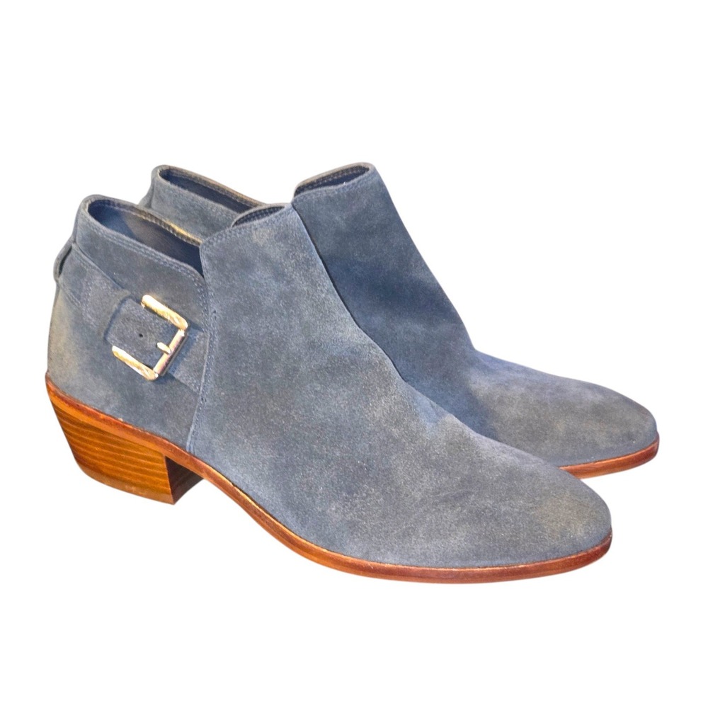 Sam Edelman Paxon Bootie Womens 6M Sea Blue Suede Buckle Block Heel Ankle Boots